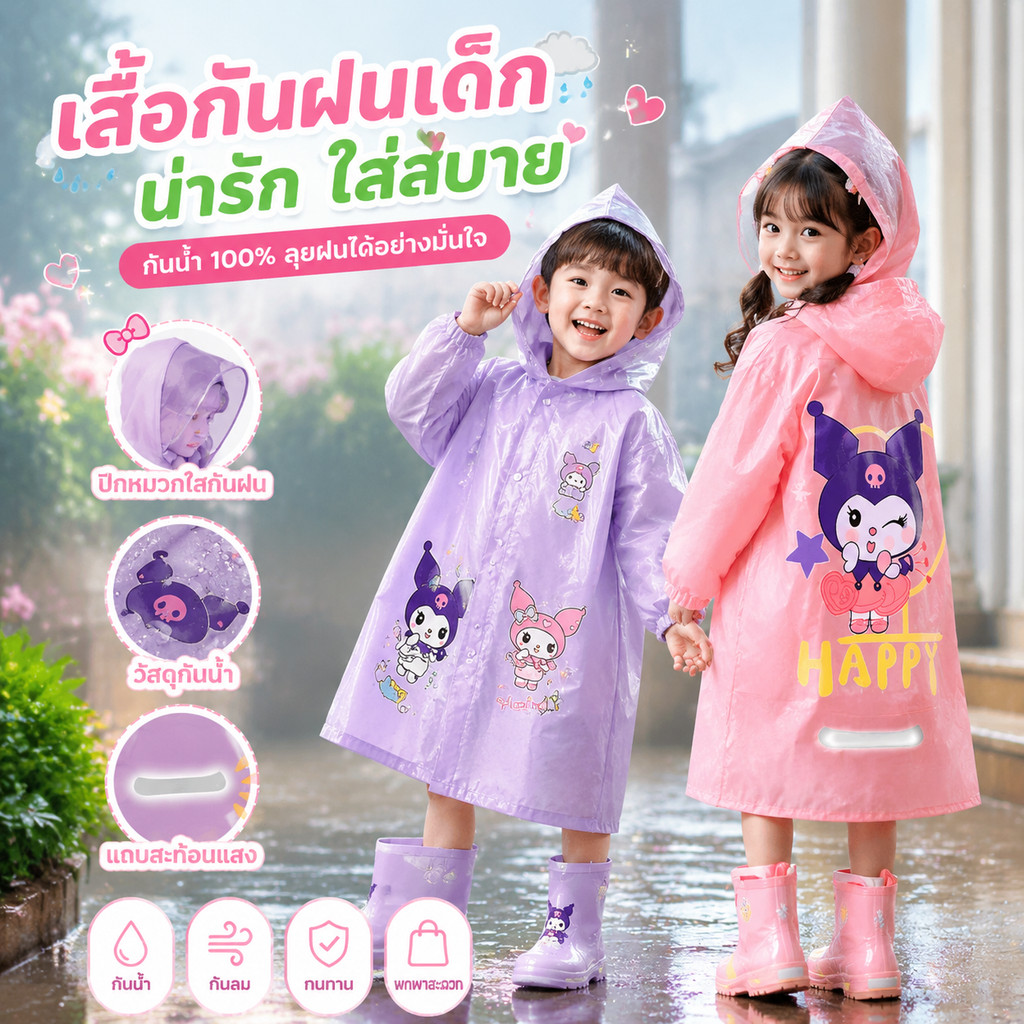 COD เสื้อกันฝนเด็ก XL-4XL ชุดกันฝนเด็ก กันน้ำ ลายการ์ตูนน่ารัก หมวกปีกกว้าง พับเก็บใส่กระเป๋านักเรียนได้