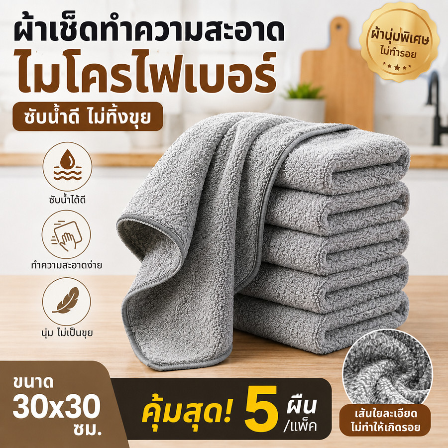 ผ้าเช็ดรถ สีพื้น 30x30 ซม. ไมโครไฟเบอร์ ทนทาน ซับน้ำดี แห้งไว ไม่หลุดขน เช็ดจาน โต๊ะ มือ