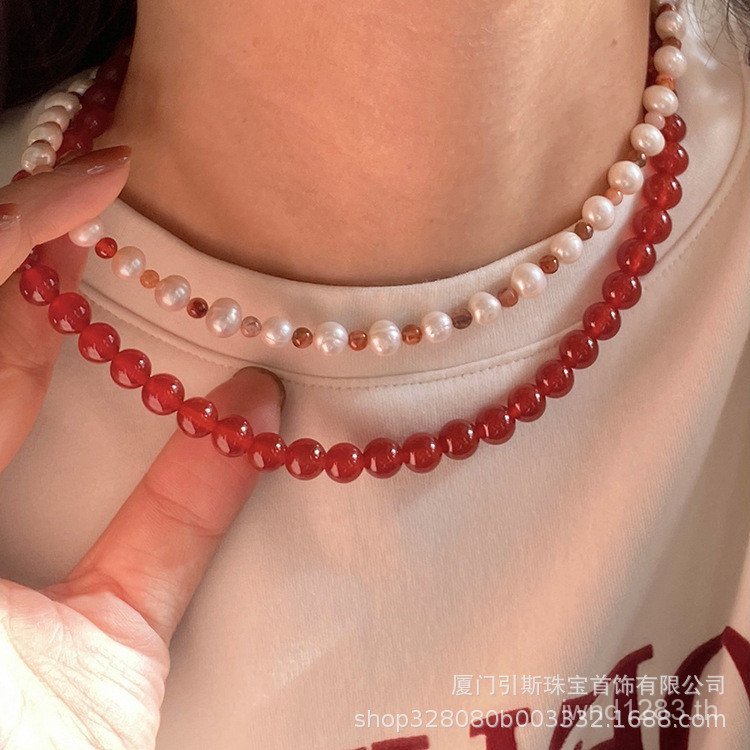 7a Beaded Simple Agate สร้อยคอ Si Retro ที่น่าสนใจฤดูใบไม้ร่วงฤดูหนาว Matching Red Agate พรีเมี่ยมธร
