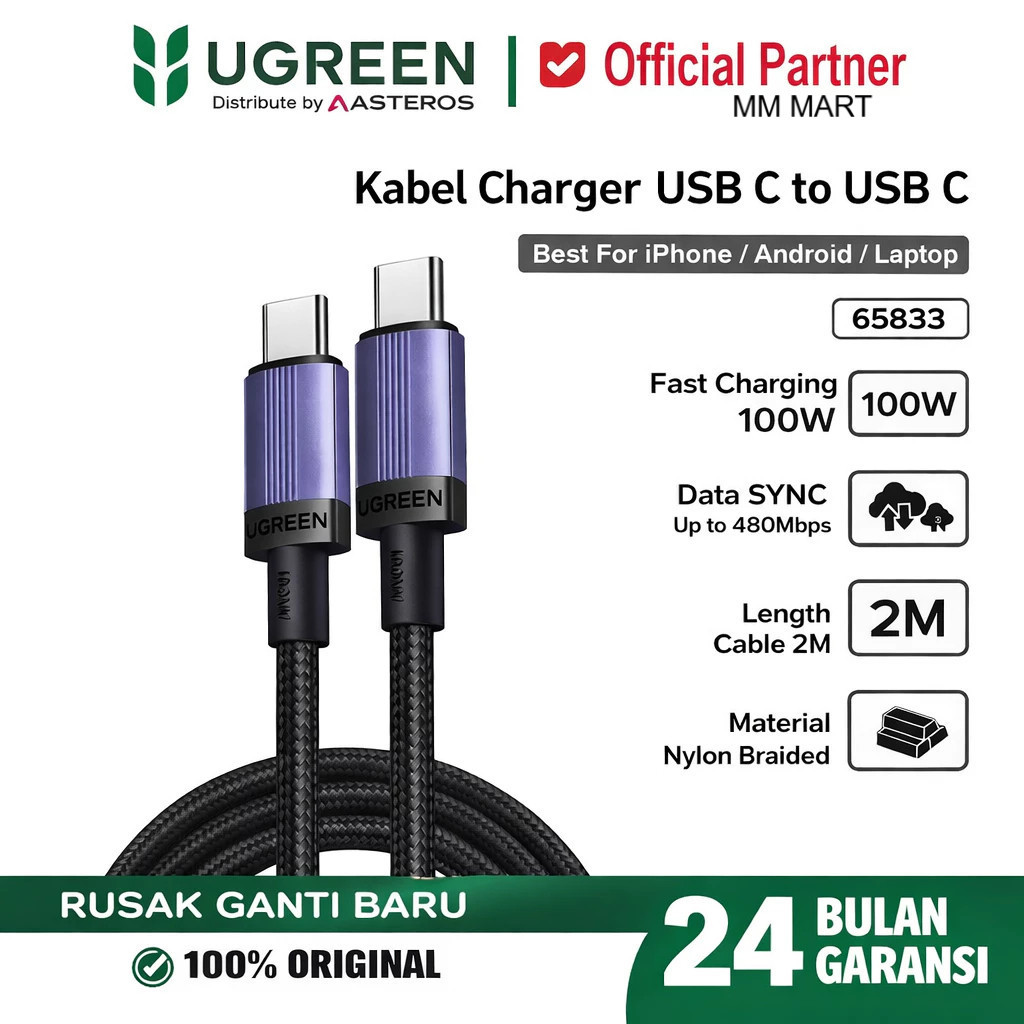 UGREEN สายชาร์จข้อมูล 100W 5A Type C ถึง Type C Fast Charging สายถัก 50 ซม. 200 ซม. 300 ซม. 658331 6
