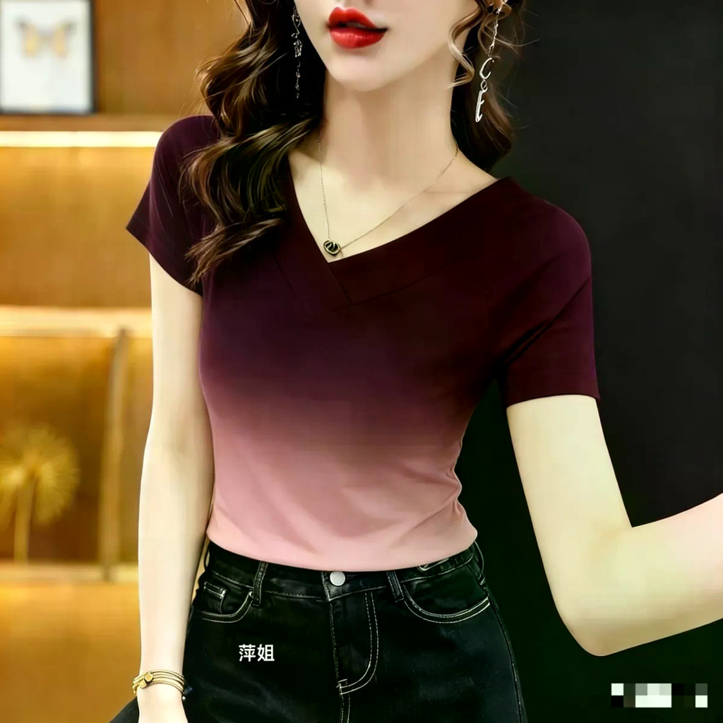 ส่งไวจากไทยBreezeM-4XL ฤดูร้อนคอวีขนาดใหญ่ไล่ระดับสีเสื้อยืดแขนสั้นบวกขนาดเกาหลีสั้นผู้หญิงเสื้อยืดด้านบน