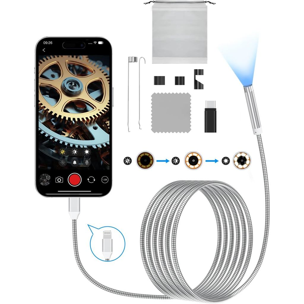 กล้องเอนโดสโคปพร้อมไฟ, กล้อง Borescope 1920P HD พร้อมไฟ LED ปรับได้ 8 ดวง, กล้องเอนโดสโคป 5.9 ฟุตพร้