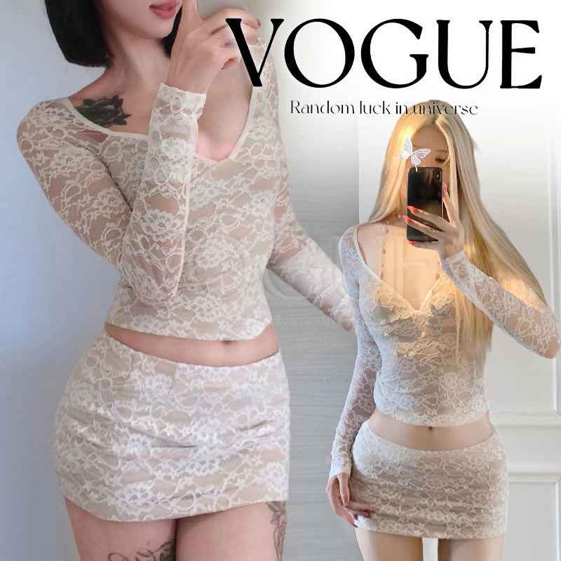 Vogue🌟พร้อมส่ง🌟 ชุดเซ็ทเสื้อแขนยาวคอวี+กระโปรงทรงรัดรูป ลายลูกไม้มีผ้าซับ (FY2054+FY2055)