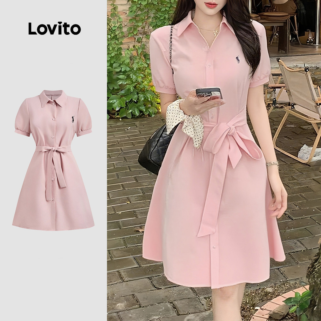 Lovito ชุดเดรสลายลูกไม้แบบสบายๆ สำหรับผู้หญิง จุดเด่นชุดเดรสแขนยาวสีชมพู สำหรับฤดูใบไม้ผลิ/ฤดูร้อน L150ED359
