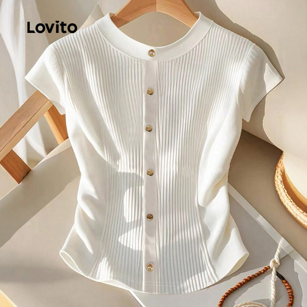 Lovito เสื้อยืดลําลองสีขาวสําหรับฤดูร้อน/ฤดูใบไม้ผลิ สําหรับผู้หญิง LK2AD1143