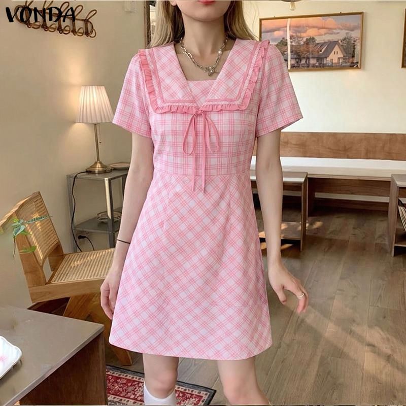 VONDA ผู้หญิงเกาหลีหวานสไตล์วิทยาลัยปกแขนสั้น Tie-Up Bows ลายสก๊อต A-Line ชุดเดรสสายเดี่ยว — صورة 5