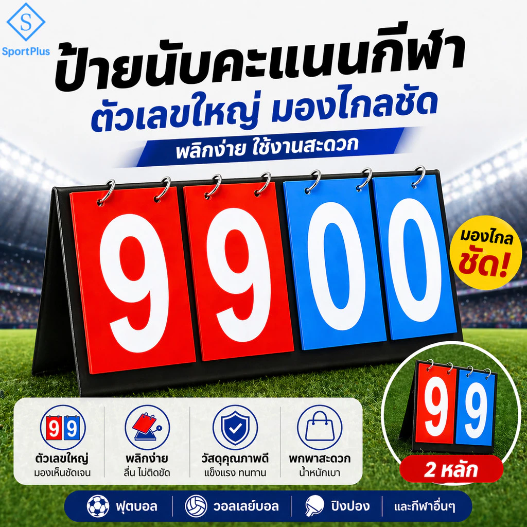 SportPlus กระดานนับคะแนนกีฬา ป้ายนับคะแนน ตัวเลขใหญ่ มองชัด พลิกง่าย ใช้ได้กับ ฟุตบอล วอลเลย์ ปิงปอง Scoreboard