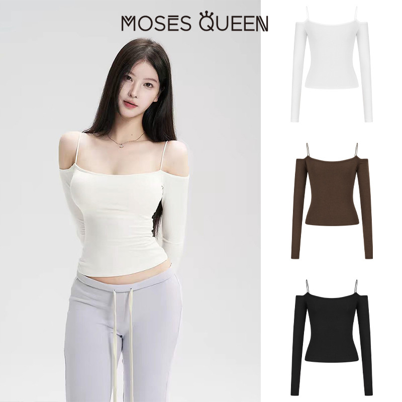 MOSESQUEEN เสื้อผ้าสกรีนสีดำ แขนสั้น แบบเอวตัดที่ไหล่ แขนยาว สำหรับผู้หญิง - ดีไซน์ตัวเลือกหนึ่งข้างไหล่ ช่วยให้รูปร่างดูเพรียวและโดดเด่นยิ่งขึ้น #63637