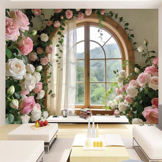 Healing Style Pastoral Window Scenery Tapestry 3D Extension Feeling Garden พื้นหลังผ้า B & B/Live Room Check-in พื้นหลังสาวหัวใจตกแต่งห้องนอน Tapestry [YT]