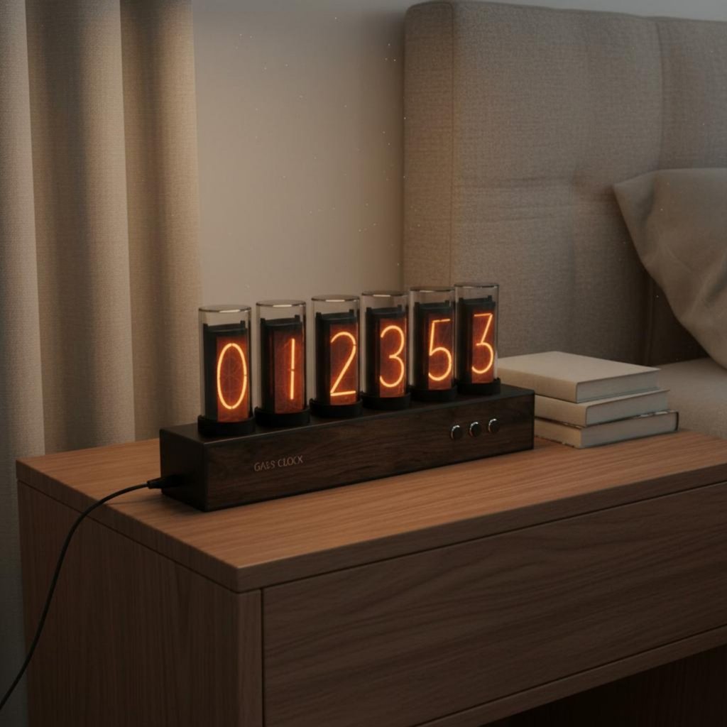 USB Powered Nixie Tube Clock RGB เปลี่ยนสีนาฬิกาดิจิตอลย้อนยุคการออกแบบกาวสําหรับห้องการเล่นเกม