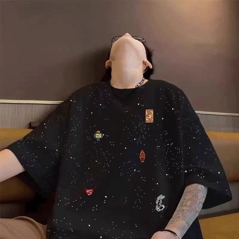 【jsmy0004.th】 休闲重磅纯棉满天星短袖T恤男美式夏季潮牌印花宽松圆领爆款上衣Casual heavyweight pure cotton starry sky short sleeved 
