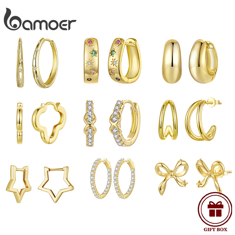 BAMOER ต่างหูสีทองดีไซน์เรียบง่าย สำหรับผู้หญิง