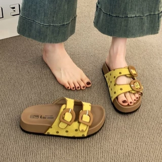 Polkadot หนาSoled Birkenstock รองเท้าแตะผู้หญิง 2026 Polka Dot รองเท้าแตะผู้หญิงเพิ่มความสูงแฟชั่น All-Match Flip-Flops Outing รองเท้าแตะ