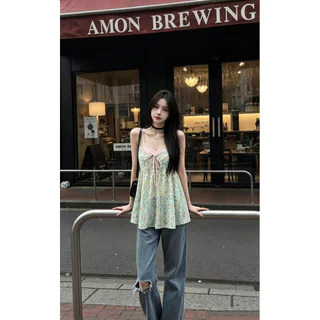 UMI8💝【ในสต็อก】💝 เสื้อสายเดี่ยวผ้าลูกไม้พิมพ์ลายดอกไม้สไตล์ฝรั่งเศส คอลเลคชั่นฤดูใบไม้ผลิ/ฤดูร้อน 2026