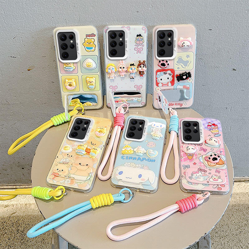 เคสโทรศัพท์ลายการ์ตูน 3D น่ารักสําหรับ Samsung Galaxy S26 Ultra/S25 Ultra/S24 Ultra/S23, ฝาครอบป้องกัน TPU แบบนุ่มพร้อมเชือกเส้นเล็ก, ช่องเสียบการ์ดและขาตั้ง