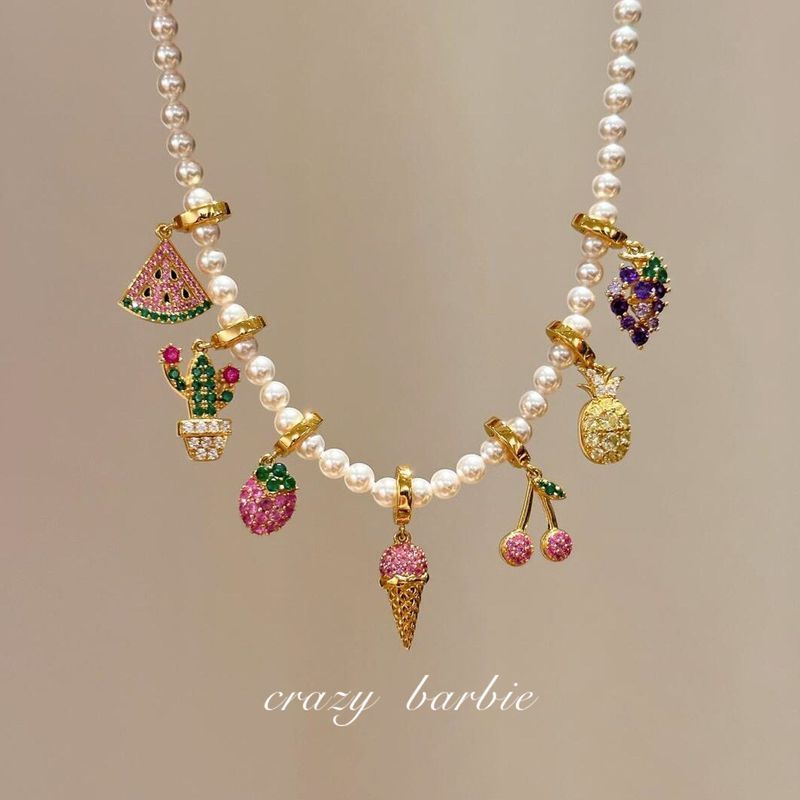 Summer BinguoPendant สีสันผลไม้ Rhinestone สร้อยคอ, Choker สไตล์, โซ่กระดูกไหปลาร้า, โซ่เสื้อกันหนาว