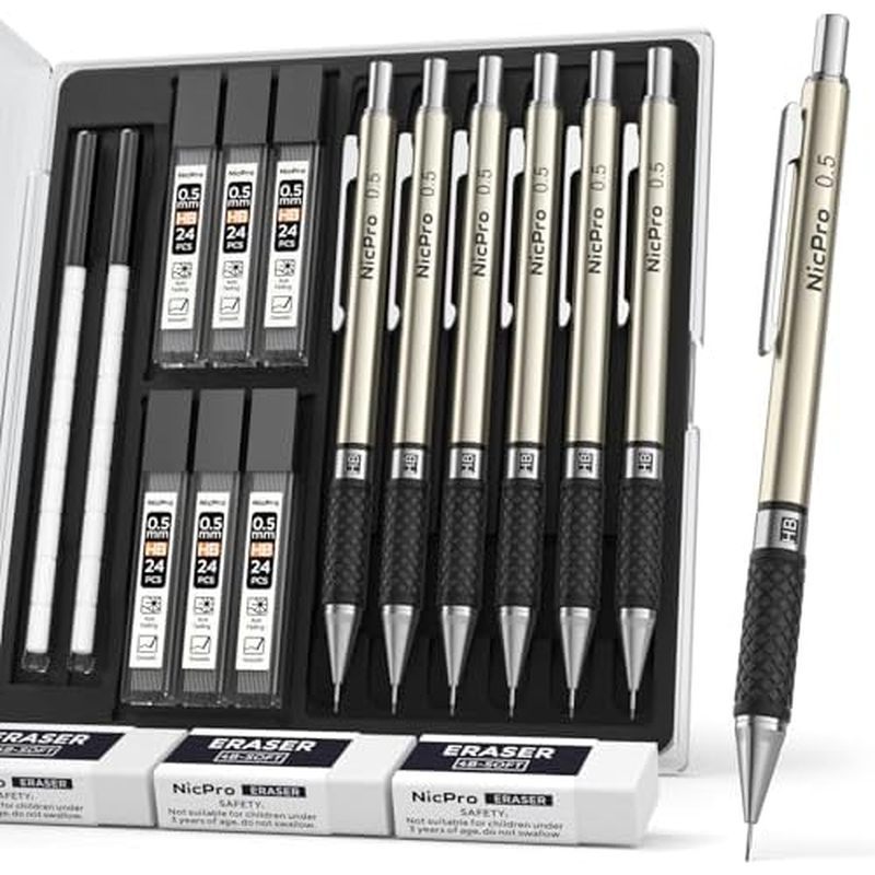 t Mechanical Pencil Set in Storage Case, 3 PCS Metal Drafting Pencil Lead Pencil with 6 Tube HB Lead