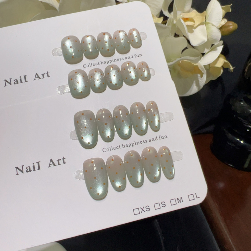[Moroccan Green] Mint Star Dot Cat Eye Wearable Nails Lime Gold Dot Clear Transparent Effect Whiteni