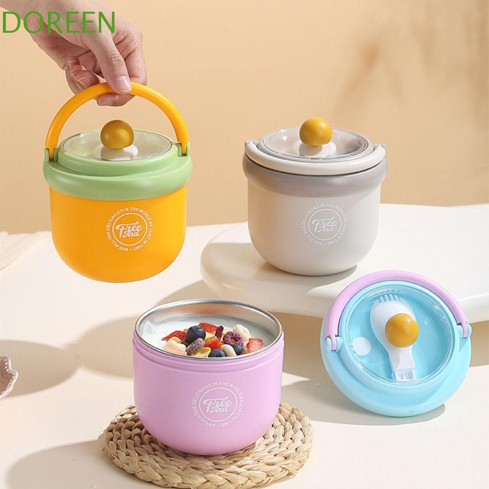 DOREEN Overnight Oats Jars, 500/600ml ถ้วยซุปสแตนเลส, แบบพกพาพร้อมฝาปิดช้อนปิดผนึกชามสําหรับอาหารเช้านมข้าวโอ๊ตสลัดผลไม้