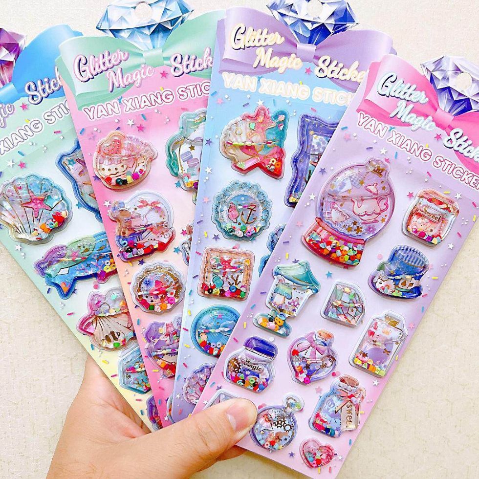 Kawaii 3D Liquid Shaker สติกเกอร์น่ารัก Glitter น้ําสติกเกอร์ DIY เคสโทรศัพท์ตกแต่งเด็กการศึกษาของเล่นสมุดภาพ