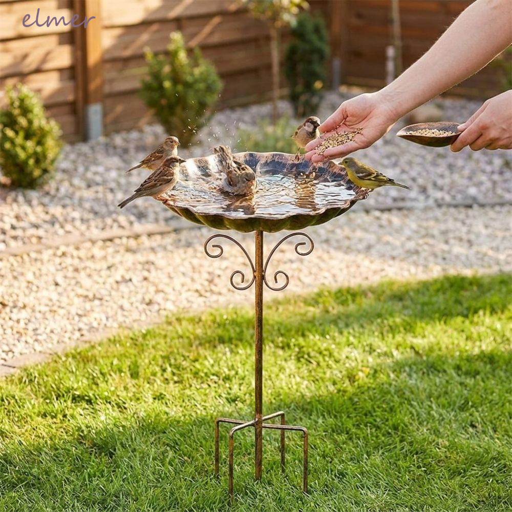 ELMER Iron Bird Bath Feeder, Retro Heavy Duty Freestand Birdbath,นกภาชนะบรรจุอาหารขนาดใหญ่ความจุชามโลหะกันสนิมนกน้ําเครื่องดื่มระเบียง