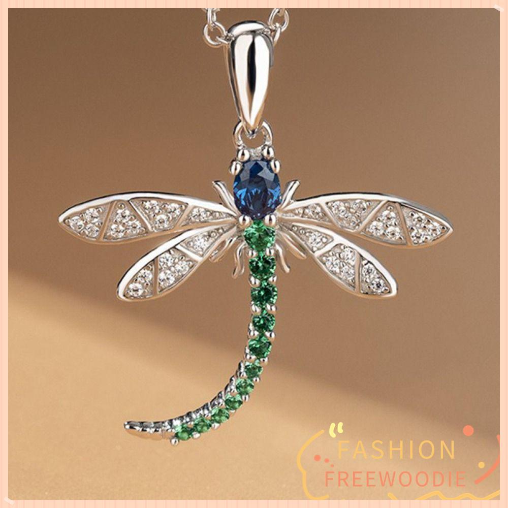 FREEWOODIE Cubic Zirconia สร้อยคอ, Dragonfly รูปฝังออกแบบสร้อยคอจี้ Dragonfly, แฟชั่นที่มีสีสัน Cubi