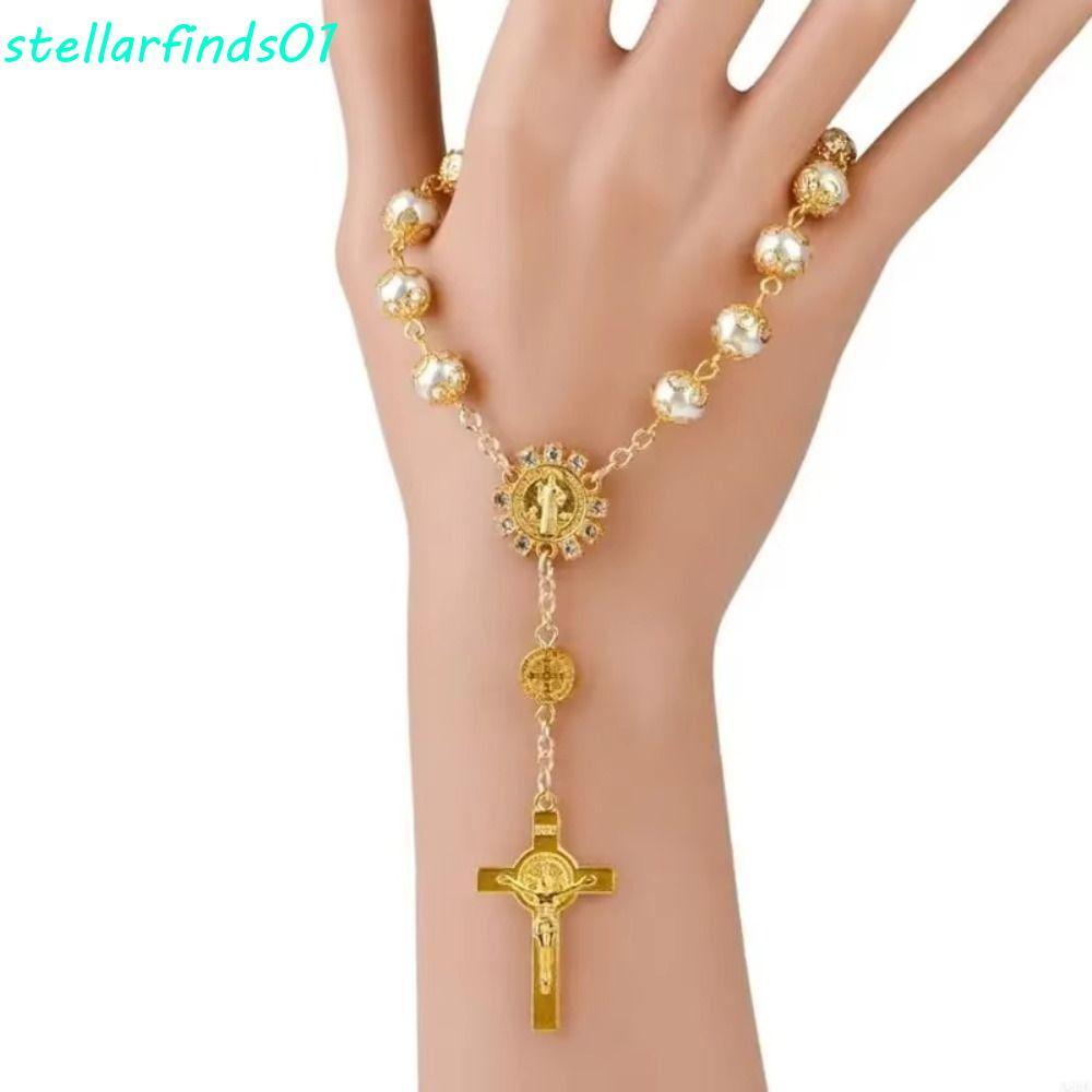STELLARFINDS Saint Christopher Rosary, กระจกรถลูกประคําคริสตัลหินคาทอลิกของขวัญ,เครื่องประดับ Saint Icons 10 MM สร้อยข้อมือลูกปัดศาสนาลูกประคํา Travel Protection