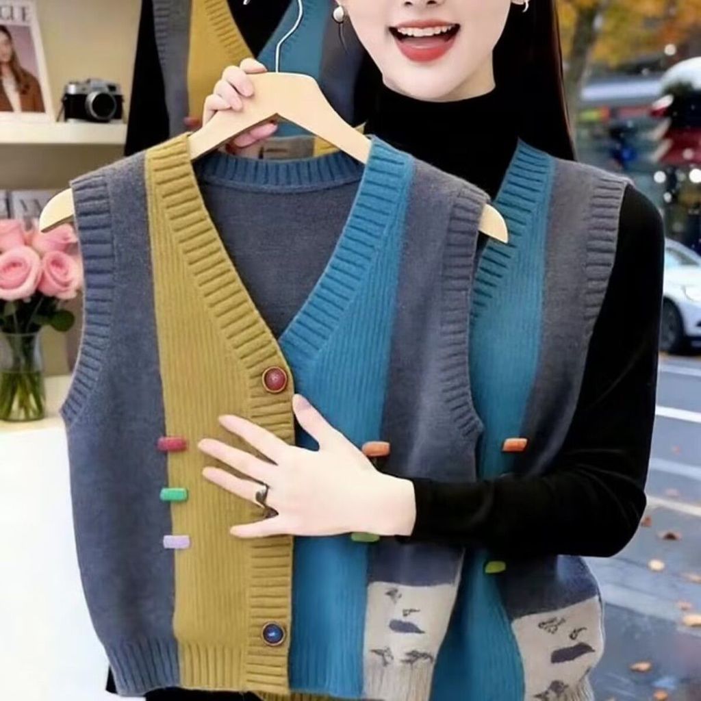 LP170🌸สไตล์ใหม่เกาหลีรุ่นสี-Blocking ถักเสื้อกั๊กผู้หญิง Preppy สไตล์ V คอ Layered Top