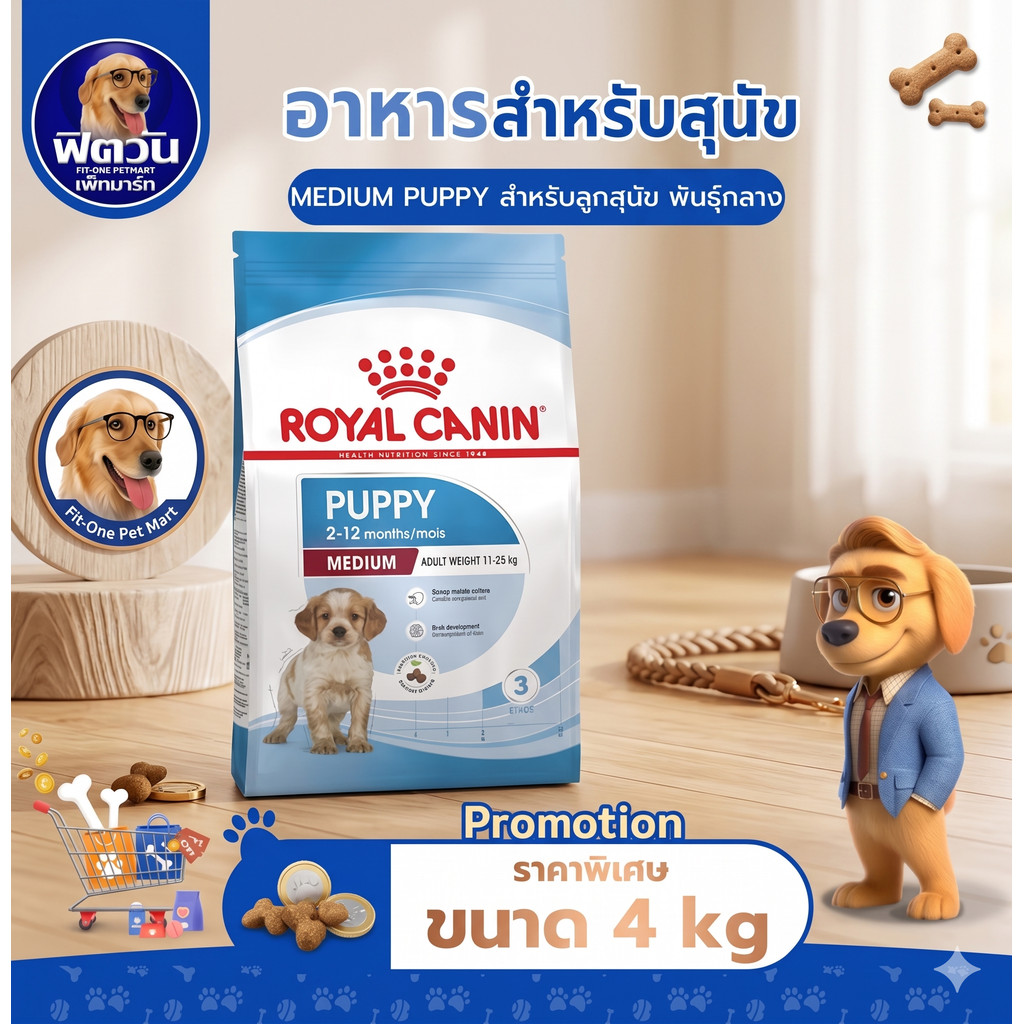 ROYAL CANIN MEDIUM PUPPY ลูกสุนัขอายุ 2-12 เดือน พันธ์กลาง 11-25 kg. ขนาด 4 KG.{อาหารสุนัขเม็ด}