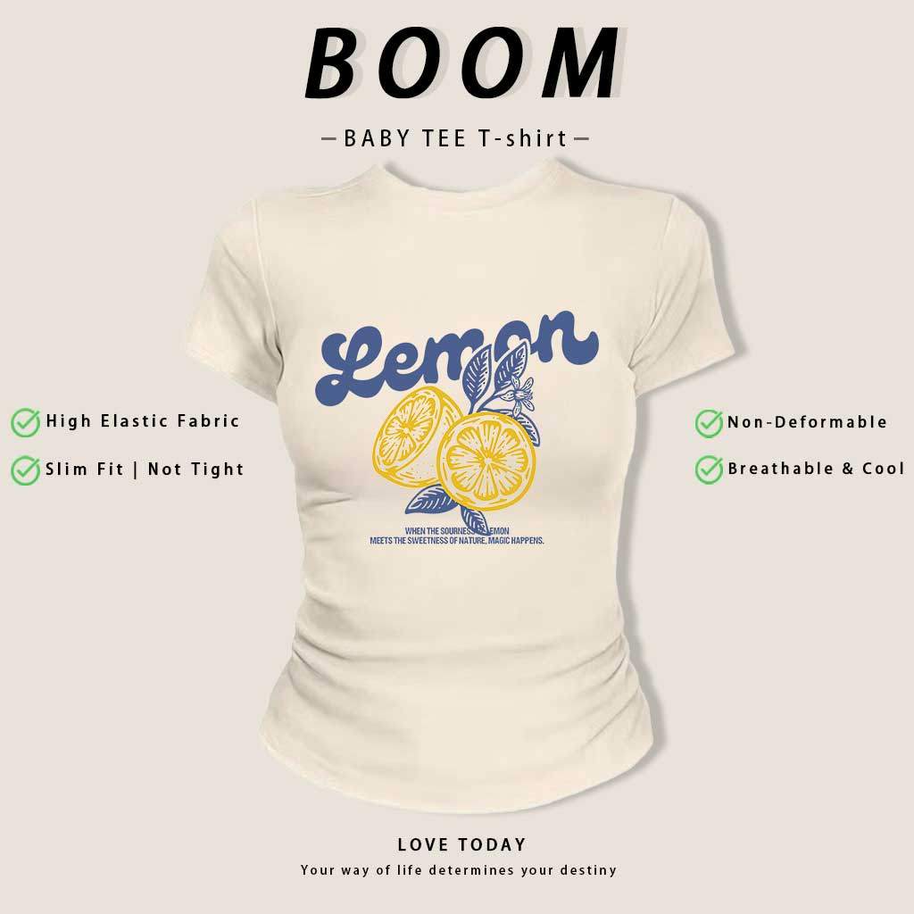 COD(จัดส่งภายใน 24 ชั่วโมง)BOOM เสื้อยืด เกาหลี เสื้อครอปเข้ารูปbaby tee สาวอวบ y2k เสื้อคอกลม เสื้อยืดลายมะนาวสดใส