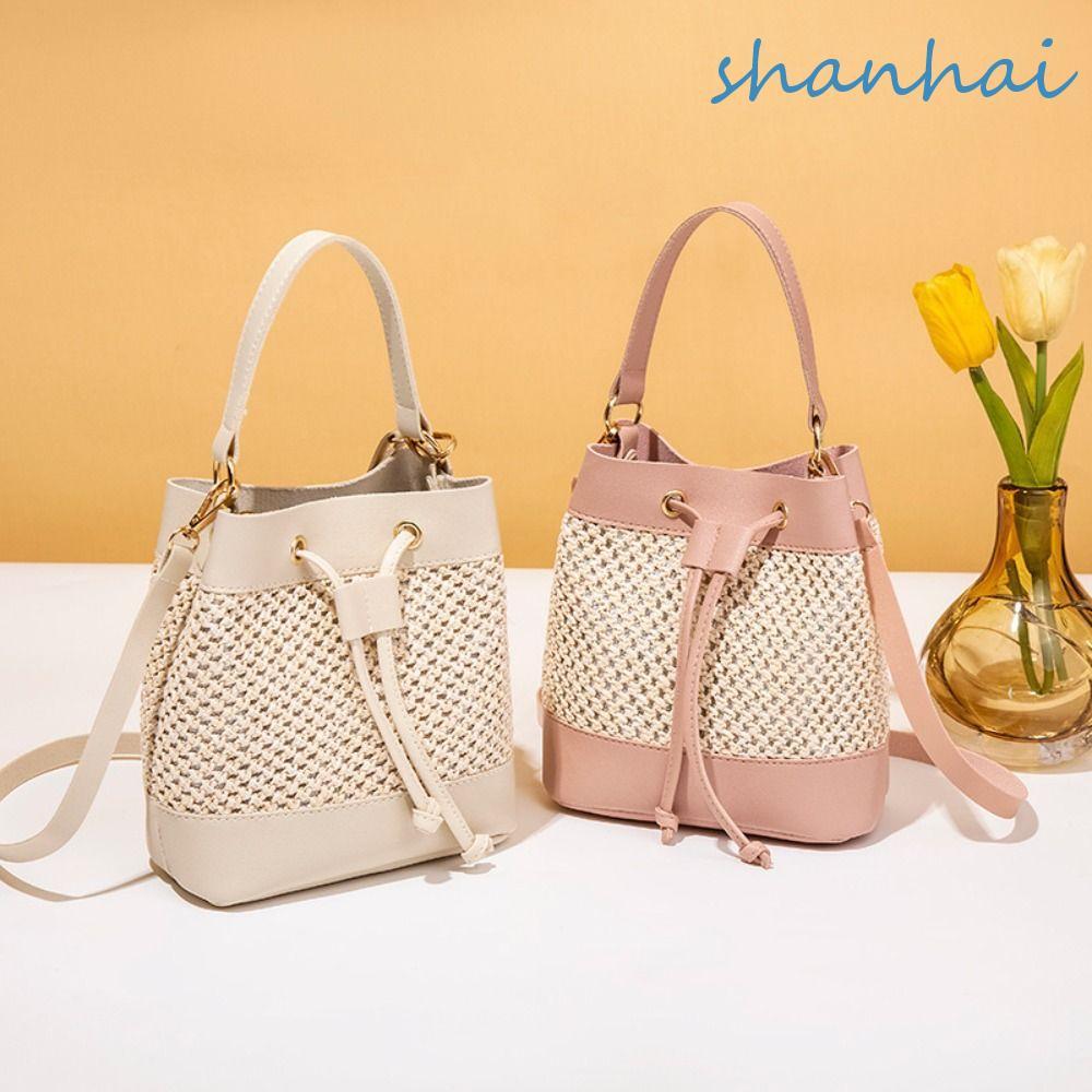 SHANHAI กระเป๋าสะพายข้างฟาง, กระเป๋า Commute Drawstring Bucket Bag, Casual Messenger Bag กระเป๋าสะพายชายหาดทอความจุขนาดใหญ่ฤดูร้อน