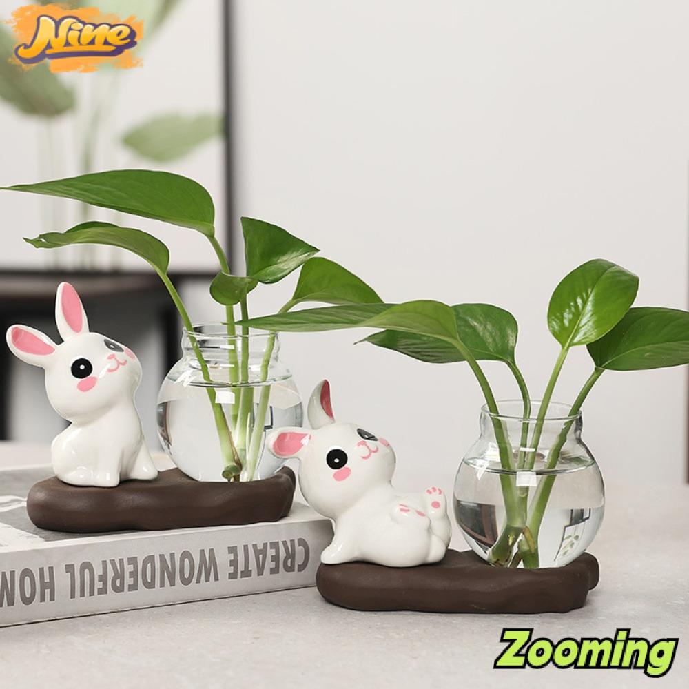 Zooming แจกันพืชไฮโดรโปนิกส์,ตกแต่งงานฝีมือตกแต่งโต๊ะแจกันแก้วใส,เครื่องประดับพร้อมฐานไม้กระต่ายน่ารักกระถางดอกไม้ห้องนั่งเล่น