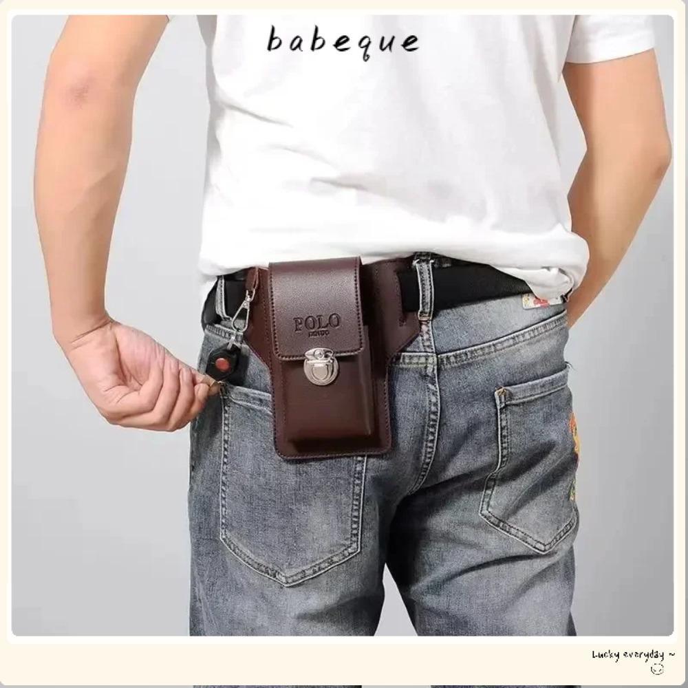 กระเป๋าคาดเอวโทรศัพท์ BABEQUE หนังเข็มขัดผู้ชายสีทึบ PU กระเป๋าหนังวินเทจ