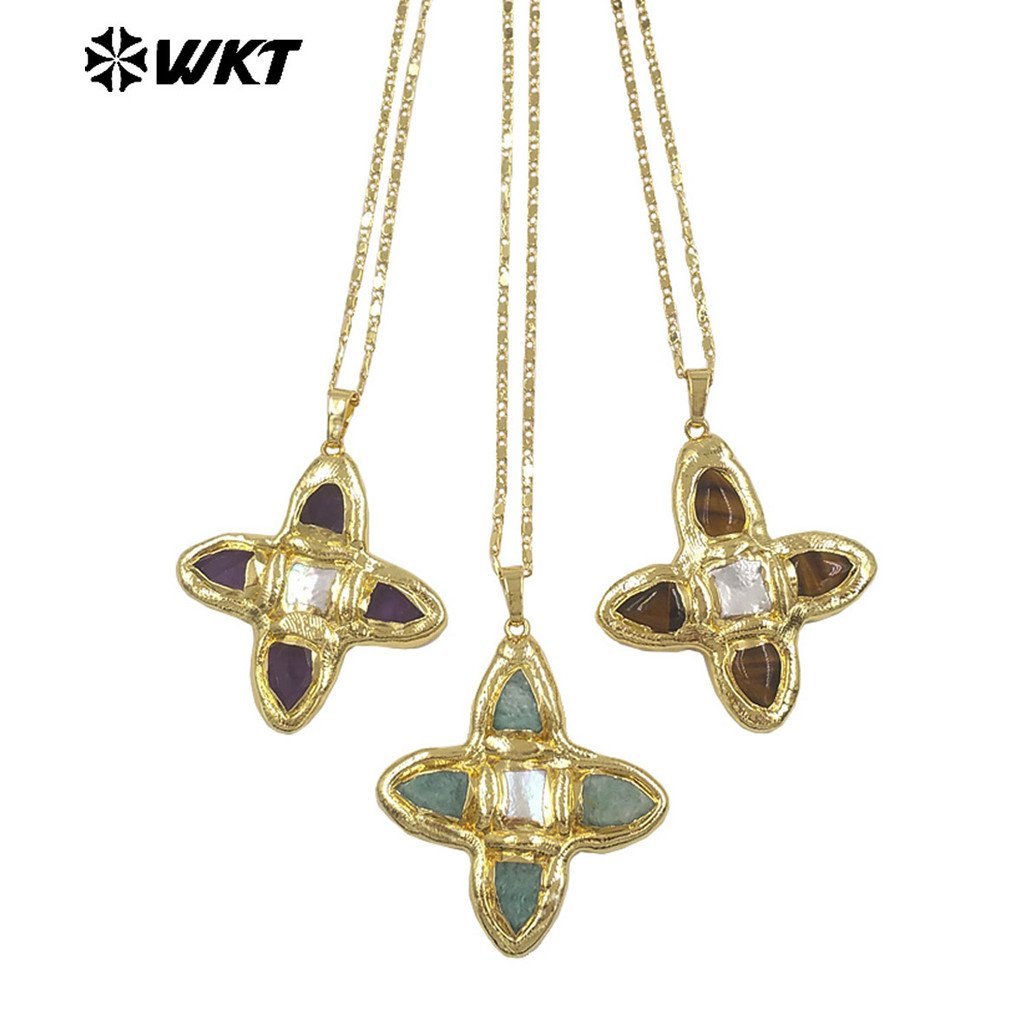 18k สร้อยคอ wt-jn314 สไตล์จี้มุกน้ําจืดธรรมชาติ Pine Gold-Plated ฝังนิ้วเสื้อกันหนาวหิน 18+2 MI7W