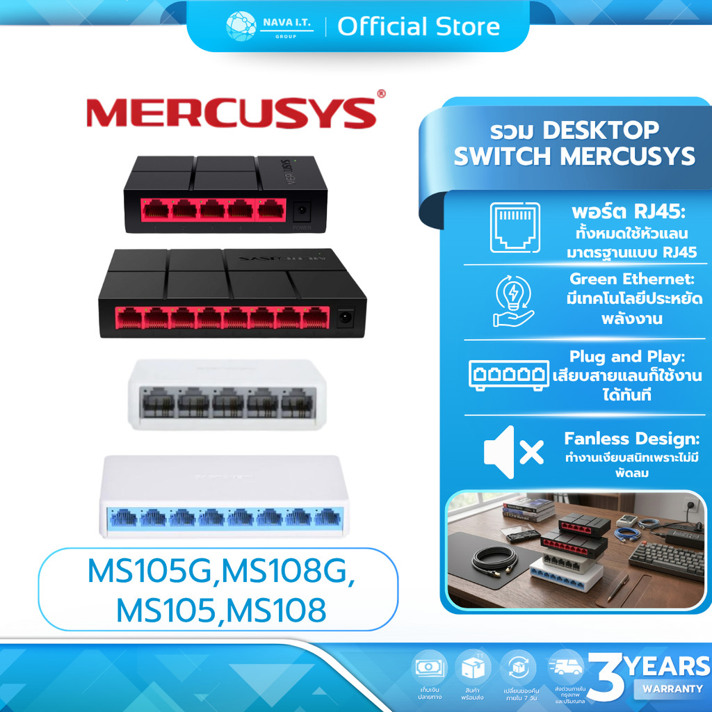 (มีส่งด่วน) MERCUSYS MS105 MS108 MS105G MS108G DESKTOP SWITCH รับประกัน 3 ปี