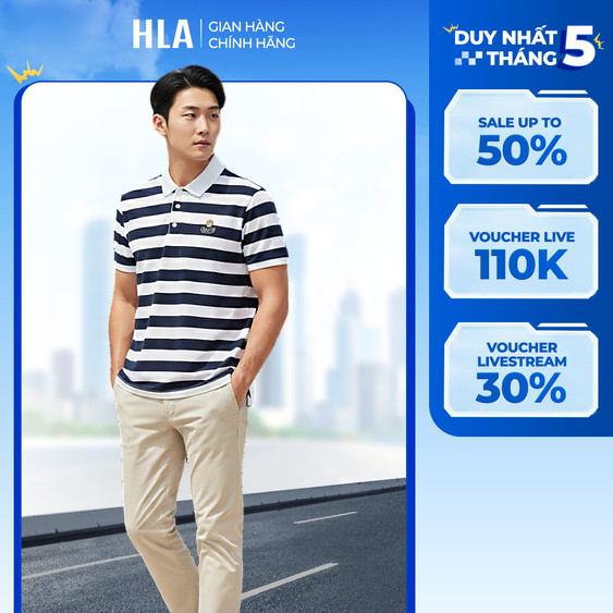 [ขายดี] เสื้อโปโลแขนสั้นผู้ชาย HLA x ZOLA ลายทาง ละเอียดอ่อน คอปกเปิดลงแบบไดนามิกและยืด