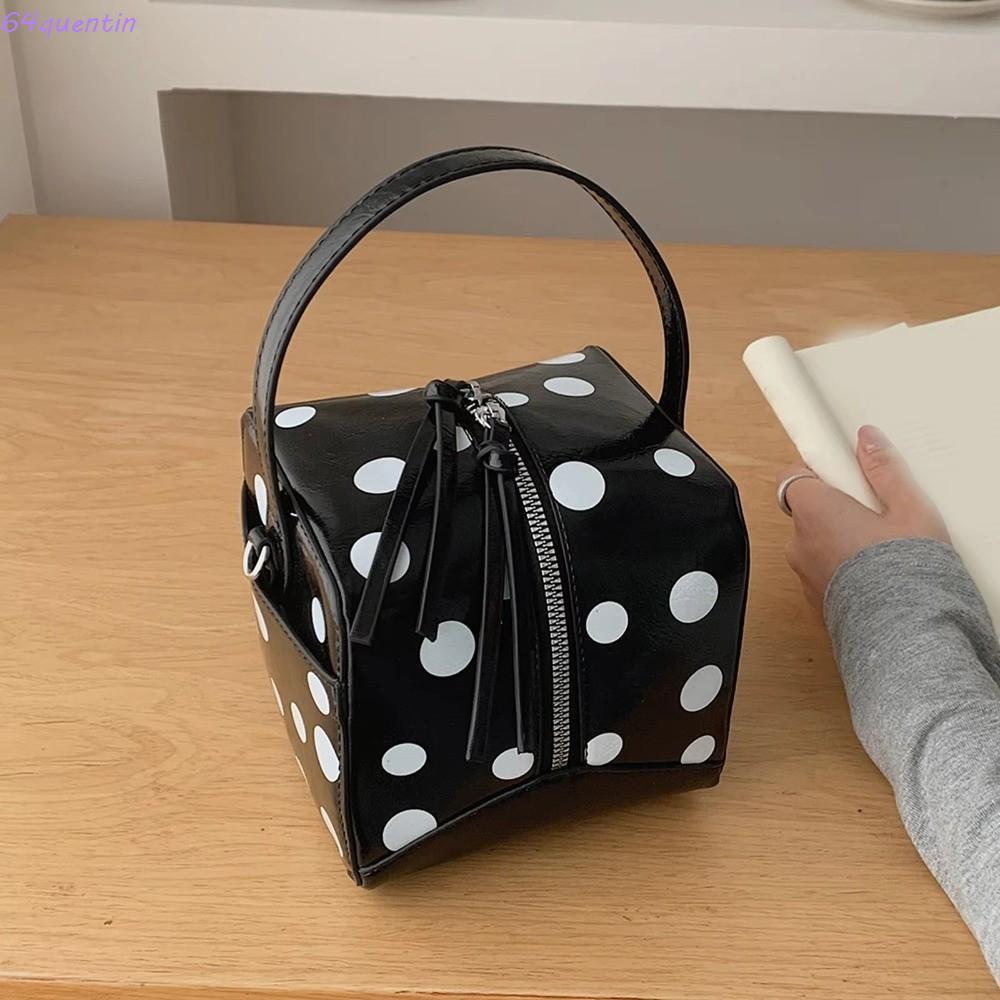 QUENTIN Polka Dot กระเป๋าถือ,ซิปปิด PU กล่องรูปไหล่กระเป๋า,ที่ไม่ซ้ํากันขนาดเล็กสแควร์ปรับสายรัด Top Handle Crossbody กระเป๋า Y2k