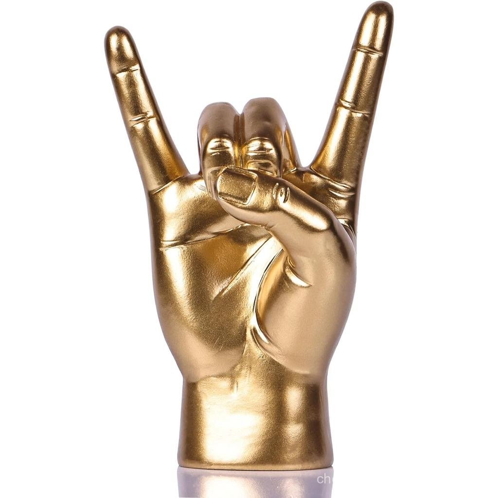 QIANLING 7.7" Gold Resin Rock On Hand Gesture รูปปั้น - Rock Culture Music Lovers ตกแต่งโต๊ะสําหรับช