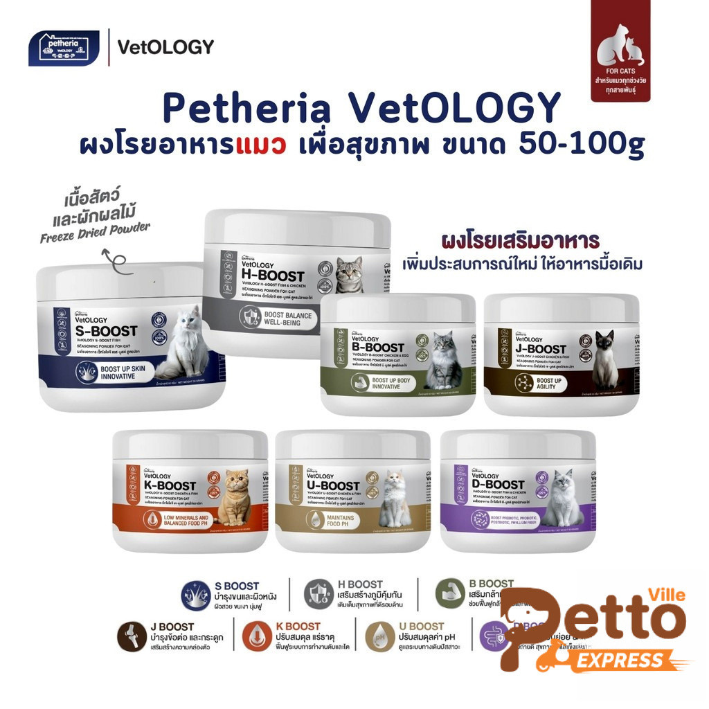 Petheria Vetology ผงโรยอาหารแมว เพื่อสุขภาพ ขนาด 50-100 กรัม