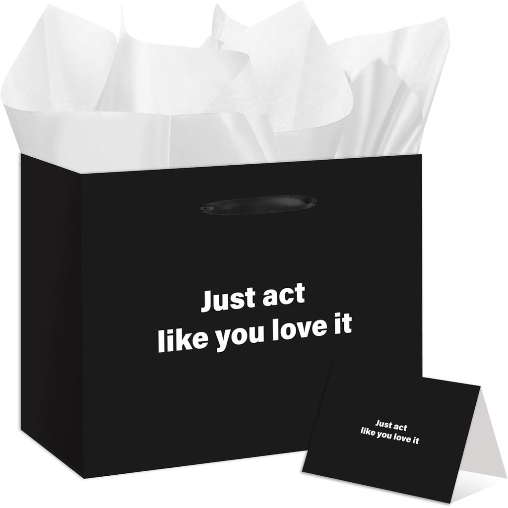 EIGHTSTATES Black Funny Gift Bag Set - Just Act Like You Love It Paper Gift Bags with Card & Tissant