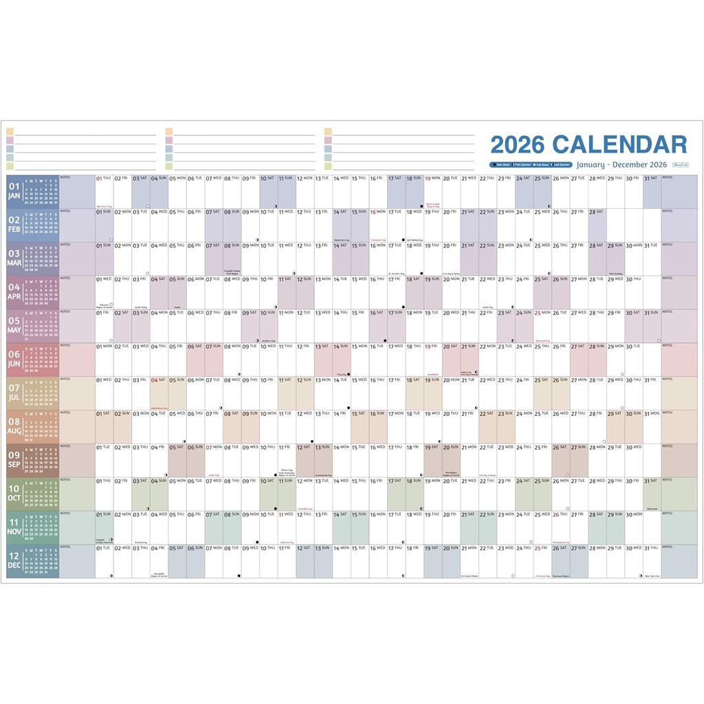 ปฏิทินติดผนังรายปี 2026 - ปฏิทินรายปีขนาดใหญ่ 2026, แจน 2026 - ธ.ค 2026, 38.2'' x 25.2'' (เปิด), ปฏิ
