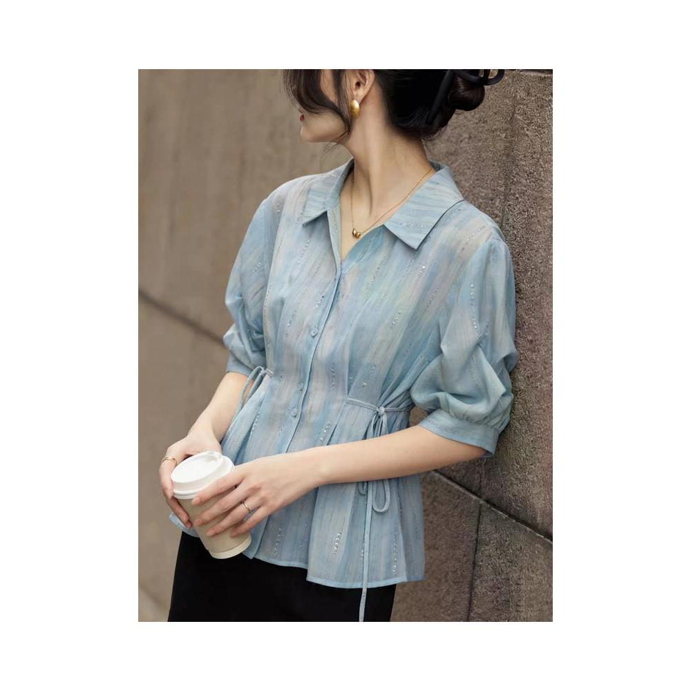 เสื้อผู้หญิงสไตล์ฝรั่งเศส ฤดูใบไม้ผลิ V คอ tie-dye ทรงเรียบร้อย