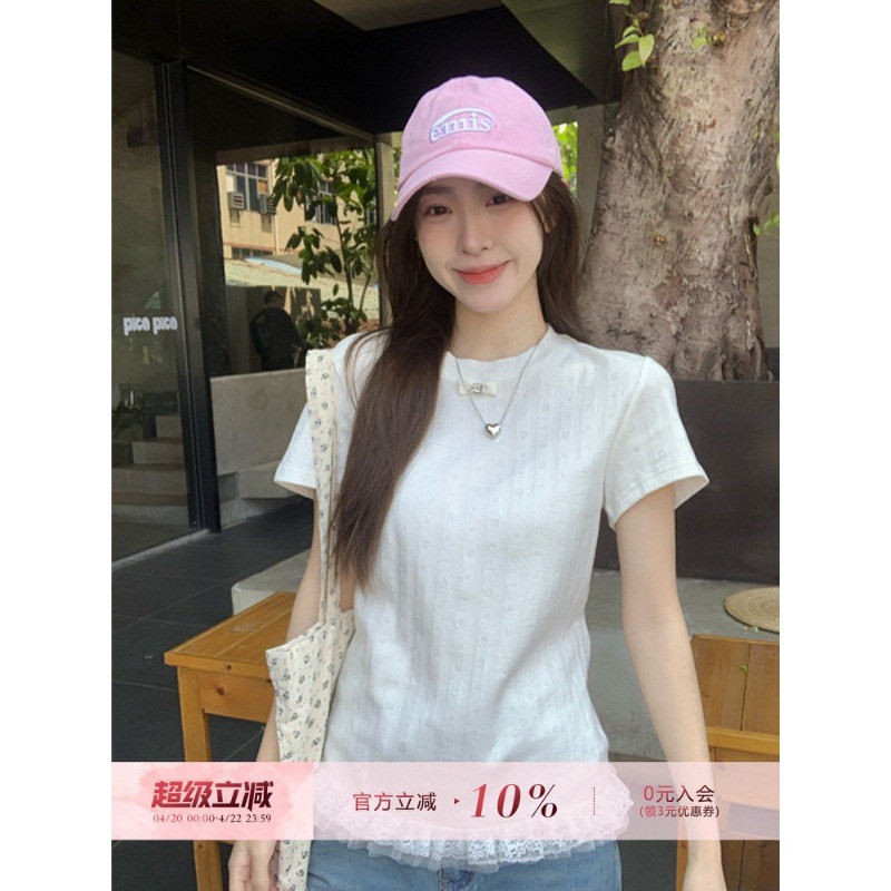 LINNA~Tเวอร์ชันเกาหลี คอวี ขอบลูกไม้ เสื้อแขนสั้น เสื้อเชิ้ต สไตล์หวาน