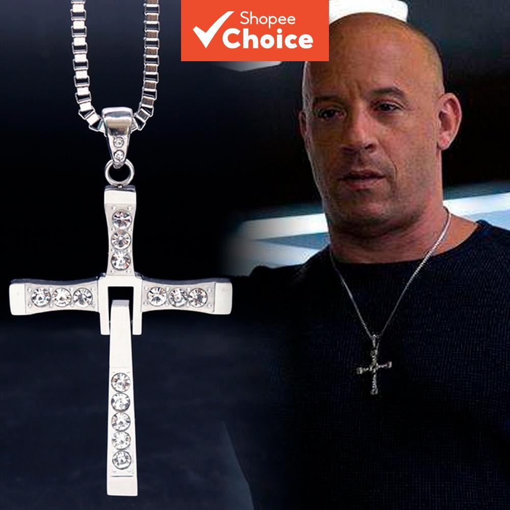 Fast & Furious Dominic Toretto Cross Necklace for Men, Rhinestone Cross Pendant Chain