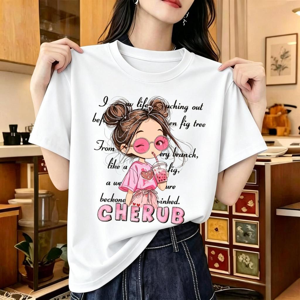 🌷Top.basic🌷เสื้อผ้าผู้หญิงแฟชั่นน่ารักoversize ผ้าฝ้ายเกาหลี มินิมอล สกรีนลาย"CHERUB GIRL"โคตรนุ่ม เสื้อยืดคอกลม【COD】
