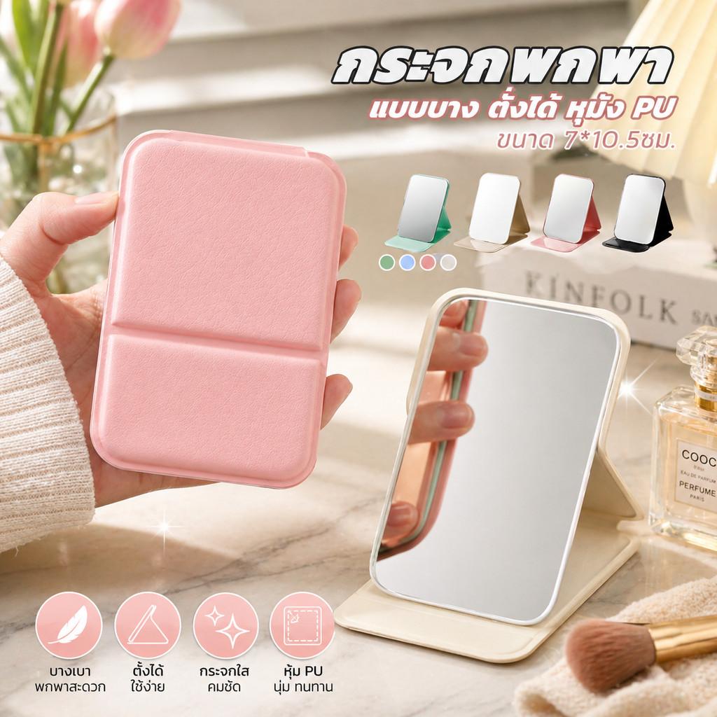 กระจกแต่งหน้าไร้ขอบมินิ พับได้ หนัง PU พกพาสะดวก ตั้งโต๊ะได้ #AI-0002