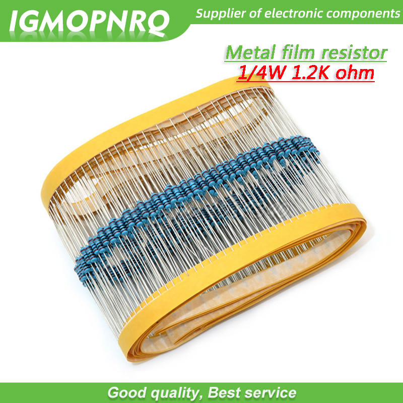 100pcs โลหะตัวต้านทานฟิล์ม ห้าสีแหวนทอผ้า 1/4W 0.25W 1% 1K2 1K2 โอห์ม 1K2ohm