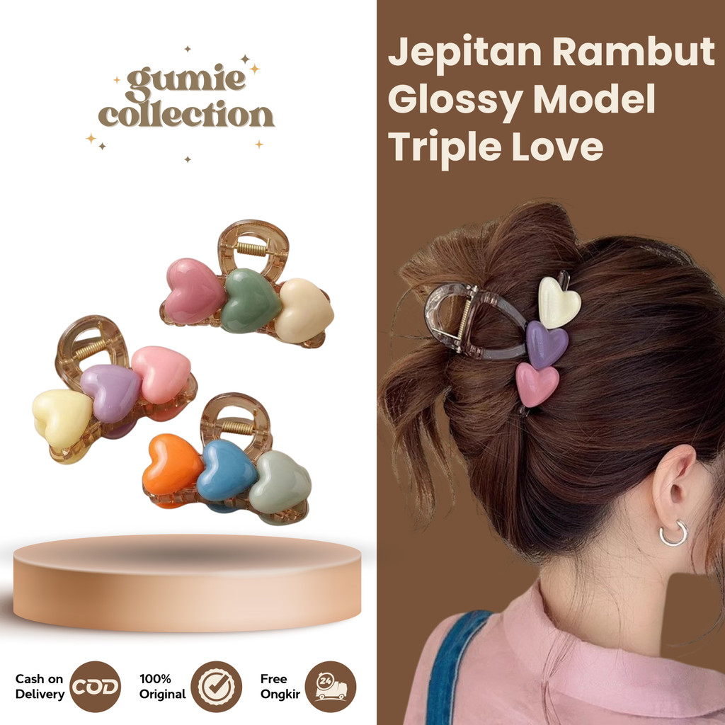 GC - 8CM TRIPLE LOVE GLOSSY PREMIUM FASHION SALON HAIR CLIP / JEDAI SALON MIX COLOR KOREAN FASHION