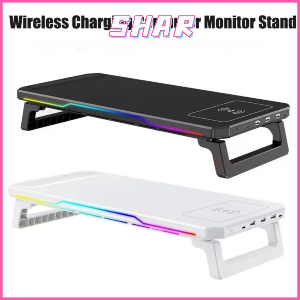 SHAR ที่วางมอนิเตอร์แล็ปท็อป, 3 พอร์ต USB 2.0 Type-C PC Monitor Stand, พร้อมไฟตามหลักสรีรศาสตร์ไร้สายชาร์จแล็ปท็อปชั้นเก็บ