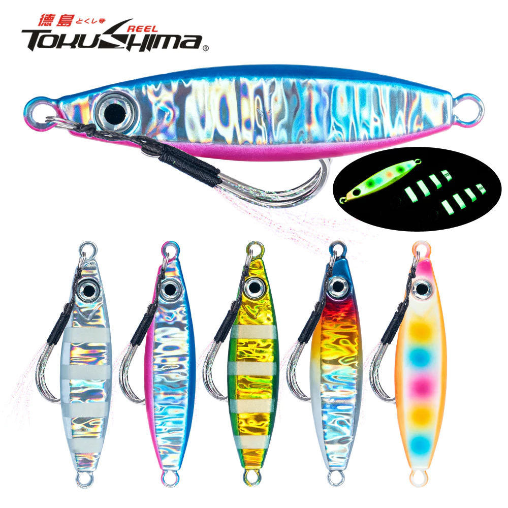 Luminous Metal Jig Slow Pitch Casting Lure 10g-100g Shore Jigging Lure Sinking Fishing Bait Double Hook